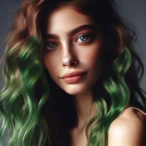 Young Brown-Skinned Woman with Long Green Wavy Hair and Pale Eyes