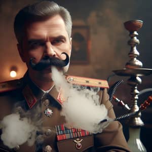 Vintage Military Man Smoking Ornate Hookah