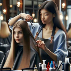 Professional Hair Salon: Multicultural Hairdresser Cuts Long Hair