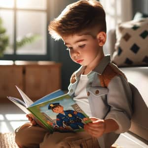 Inspiring Young Caucasian Boy Enthralled by Children's Police Officer Storybook
