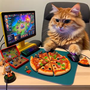 Fluffy Cat Playing Online Game While Eating Pizza - Cute Cat Gamer