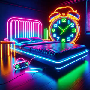 Neon Alarm Clock and Bed | Vibrant Glow Imagery