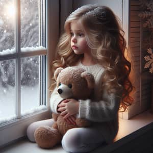 Captivating Portrait of a Young Girl Embracing a Plush Toy by Window