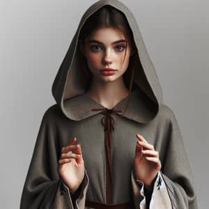 Stylish 20-year-old Caucasian woman in cloak with hood