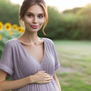 Caucasian Pregnant Woman in Lavender Maternity Dress