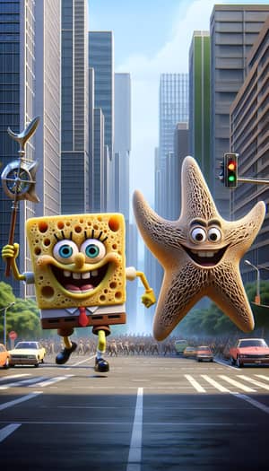 Spongebob & Patrick Make a Whimsical Entrance in a City - Hyper Real Scene