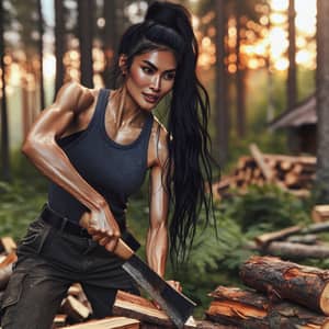 Empowering South-Asian Woman Chopping Wood | Rustic Forest Scene