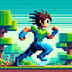 8-Bit Pixelated Character Running in Sandbox Video Game Landscape