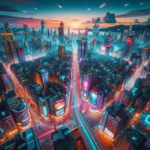 Futuristic Metropolis: Neon Illuminations & High-Rise Cityscape