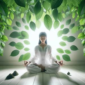 Meditating Girl Surrounded by Green Kratom Leaves in White Room