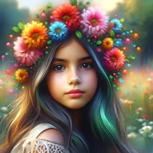 Whimsical Portrait of a Hispanic Girl with Multicolored Flower Crown