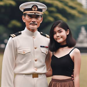 Asian Man in Traditional Seaman's Uniform with Hispanic Girl in Casual Attire