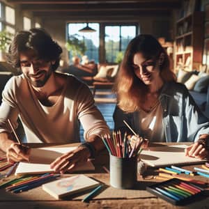 Peaceful Drawing Activity by Diverse Couple at Rustic Table