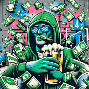 Green Rapper Enjoying Beer in Urban Money Rain Scene