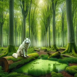 Tranquil Forest Scene with Majestic White Wolf