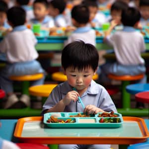Alone Chinese Kid in Colorful Cafeteria | Thoughtful Moment