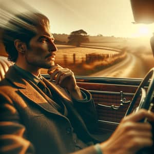 Caucasian Poet Contemplating in Luxury Car Speeding Through Sunlit Countryside