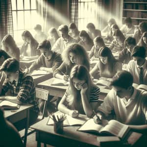 Vintage Classroom Scene: Diverse Students Engaged in Studies