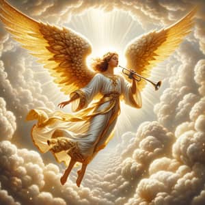 Glorious Angel with Golden Wings and Silver Trumpet in Sunlit Skies