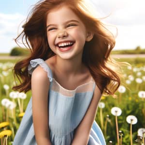 Young Caucasian Girl Playing in Meadow | Happy Girl in Summer Dress