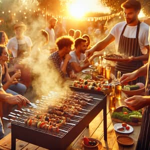 Outdoor BBQ Scene: Lively Gathering with Grilled Food