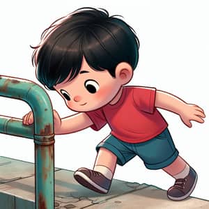 Young Asian Boy Walking on Worn-out Surface - Cartoon Scene