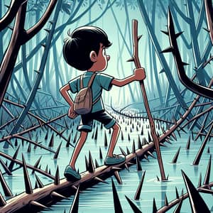Adventurous South Asian Boy Navigating Mangrove Forest Animated