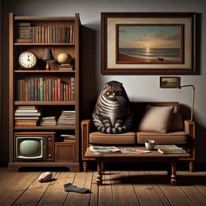 Tidy and Well-Organized Small Living Room: Books, Clock, Cat & Beach Painting