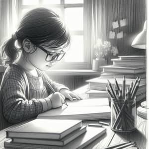 Young Child Studying Pencil Sketch | Diverse Ethnicity