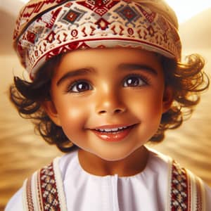 Joyful Young Omani Child in Traditional Attire | Golden Desert Landscape