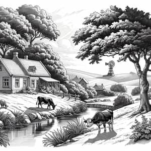 Peaceful Rural Scene - Quaint Farmhouse, Grazing Cows & Windmill
