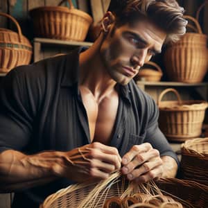Muscular Man Weaving Baskets with Intense Look | Workshop Scene