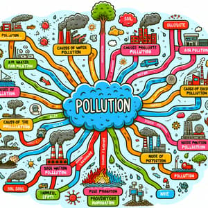 Colorful Mindmap on Pollution: Types, Causes, Effects, Prevention