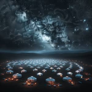 Traditional Mongolian Yurts Under Starry Night Sky