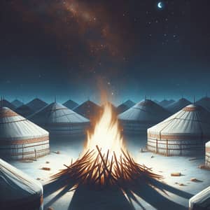 Nocturnal Scene with Faded Bonfire and Traditional Yurts