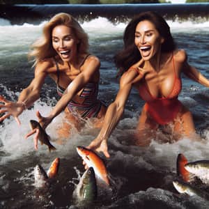 Passionate Women Competing in River for Fish | Fun Scenario
