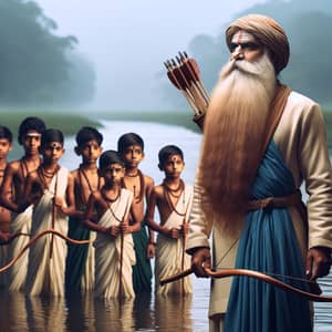 Indian Guru with Young Boys in Traditional Attire by River