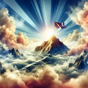Abstract Achievement Illustration | Mountain Peak, Flag, Sun Rays