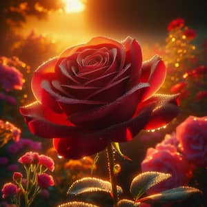 Vibrant Red Rose in Morning Garden - Beautiful Nature Scene