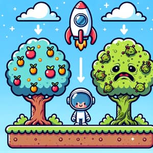 Cartoon-Style Image with Two Trees and a Spaceman