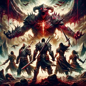Epic Medieval Fantasy Album Cover with Warriors Battling Giant Villain