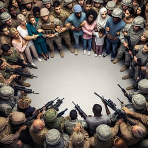 Diverse Soldier Circle Protecting Civilians | Brave Defense