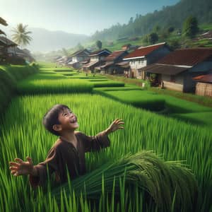 Tranquil Scene: 10-year-old Boy in Small Town with Rice Fields