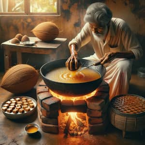 Coconut Jaggery Preparation: Traditional Rustic Kitchen Process
