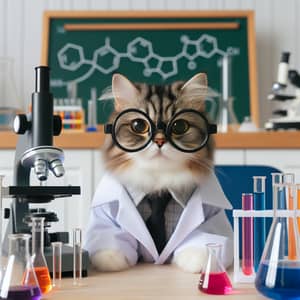 Smart Cat Scientist Among Beakers and Microscope