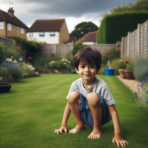 8-Year-Old South Asian Child Playing in Green Backyard