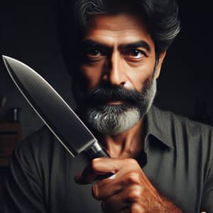 Middle-Aged South Asian Man with Kitchen Knife in Dim Room