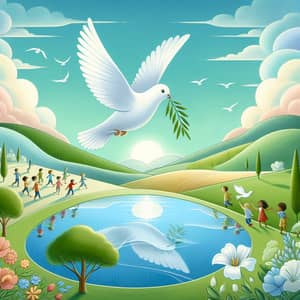 Artwork of Peace: White Dove Flying Over Serene Landscape
