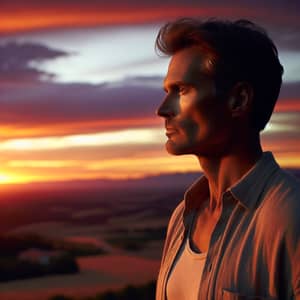 Middle-Aged Man in Sunset Profile | Tranquil Landscape View