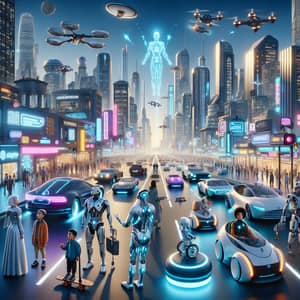 Futuristic Science Fiction Metropolis with Humans and Robots